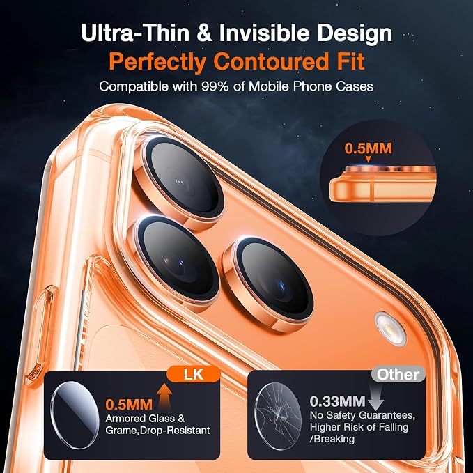LK for iPhone 17 Pro/17 Pro Max Camera Lens Protector [Top 9H+ Military Grade Shatterproof] One-Click Installation, Ultra-Tough HD, Individual Lens Protectors Scratch-resistant, Cosmic Orange