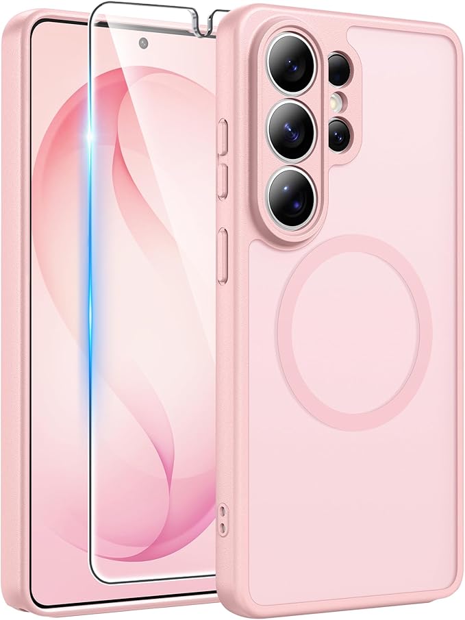 FNTCASE for Samsung Galaxy S26-Ultra Case: [Fit for Magsafe] [Full Camera Protection] Translucent Matte Cases with [Screen Protector] Military Grade Shockproof Protective Phone Cover - Light Pink