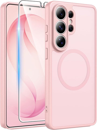 FNTCASE for Samsung Galaxy S26-Ultra Case: [Fit for Magsafe] [Full Camera Protection] Translucent Matte Cases with [Screen Protector] Military Grade Shockproof Protective Phone Cover - Light Pink