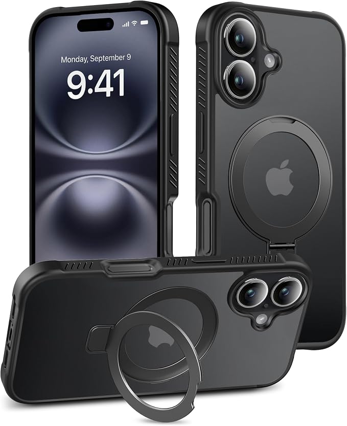 for iPhone 16 Plus Case, Built-in Magnetic & Seamless Stand, [Compatible with MagSafe] Protective Shockproof Phone Case, Clear Matte Back Slim Cover for iPhone 16Plus 6.7 Inch - Black