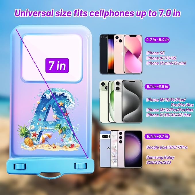 Personalized Initial Waterproof Phone Pouch Case - IPX8 Cellphone Dry Bag with Lanyard for iPhone 16/15/14/13/12 Pro Max (6.1–6.9"), Beach & Cruise Ship Essentials with Monogrammed Design (Blue, A)