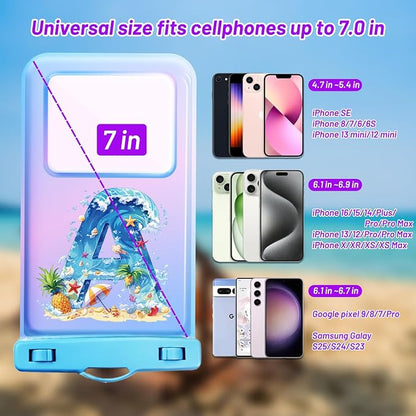 Personalized Initial Waterproof Phone Pouch Case - IPX8 Cellphone Dry Bag with Lanyard for iPhone 16/15/14/13/12 Pro Max (6.1–6.9"), Beach & Cruise Ship Essentials with Monogrammed Design (Blue, A)