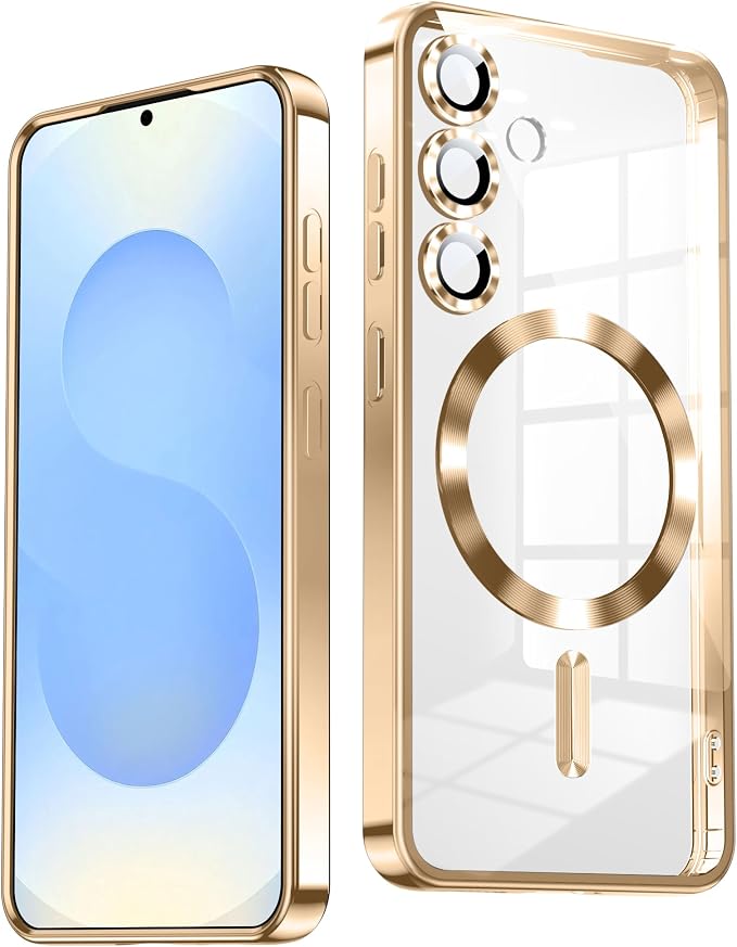 Slim Thin for Samsung Galaxy S25 Plus Clear Case, Compatible with MagSafe, Built-in Camera Lens Protector, Shockproof Protective Phone Case, Electroplated Bumper Cover, Gold