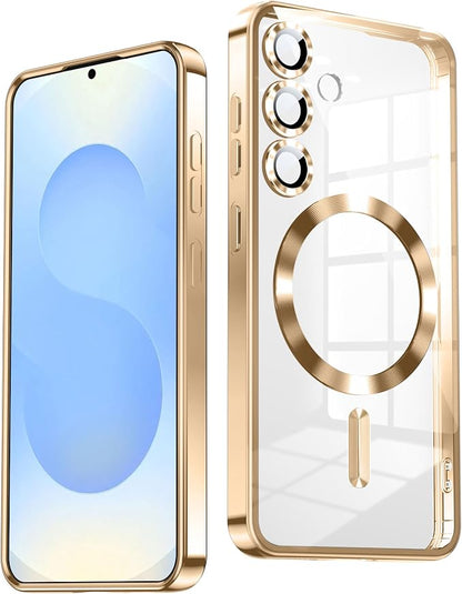 Slim Thin for Samsung Galaxy S25 Plus Clear Case, Compatible with MagSafe, Built-in Camera Lens Protector, Shockproof Protective Phone Case, Electroplated Bumper Cover, Gold
