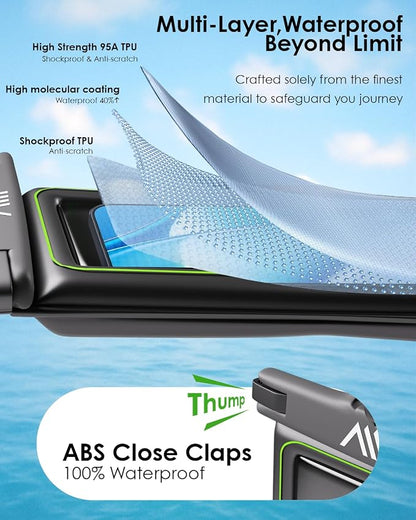【2025 Upgraded】4 Pack Black - IP68 Waterproof Phone Pouch Floating Design No Sink Waterproof Phone Case - Beach Pool Travel Essentials - Works w/ All Phones - Detachable Lanyard - Black/Hi-Vis Green