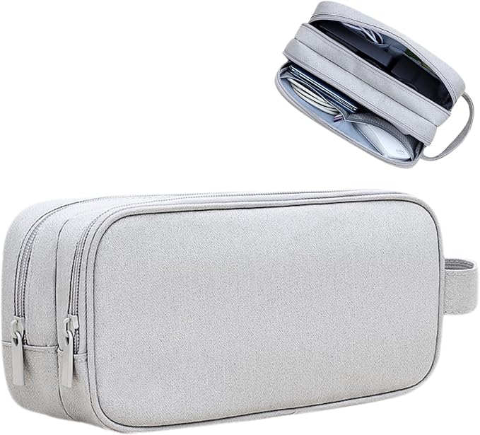 Teskyer Double Layer Cable Organizer Bag, Travel Tech Pouch, Light Grey | Elastic Bands Organization, Water Resistant Fabric, Multiple Compartments, Padded Protection, Travel and Office Use