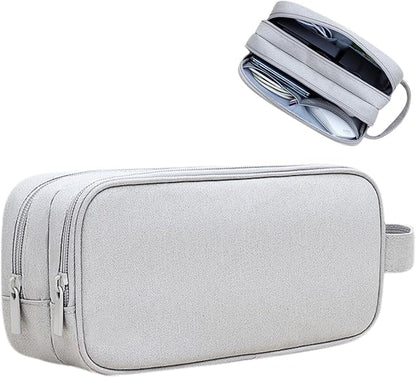 Teskyer Double Layer Cable Organizer Bag, Travel Tech Pouch, Light Grey | Elastic Bands Organization, Water Resistant Fabric, Multiple Compartments, Padded Protection, Travel and Office Use