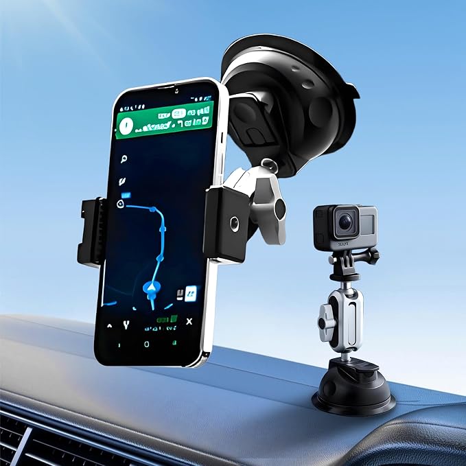 Suction Car Phone Mount Windshield, Universal 360° Rotating Car Window Phone Mount Video Recording Vlog Selfie Live Streaming Car Phone Holder for DJI GoPro Insta 360 Camera