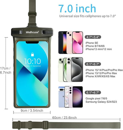 wellhouse Waterproof Phone Pouch, Waterproof Phone Case for iPhone 17 16 15 14 13 Pro Max XS Samsung, IPX8 3D Cellphone Dry Bag Beach Essentials (1 Pack - Olive7.0, 7 inch)