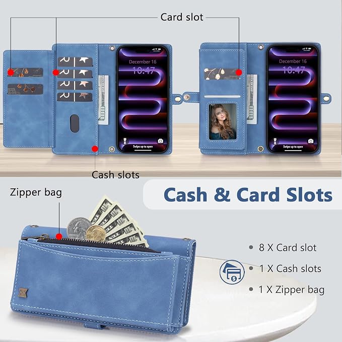 Wallet Case for iPhone 16 Pro Max with Card Holder/Crossbody Wallet/Strap| RFID Blocking | Magnetic | Kickstand | Detachable | PU Leather Phone Case for iPhone 16 Pro Max,6.9 in,Sky Blue