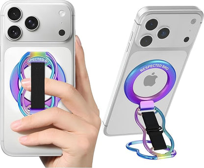 RESPECTED-BRO-Magnetic-Phone-Grip-Stand-with-Finger-Strap, 4-in-1 Magnetic Ring Holder, Kickstand and Elastic Strap for Phones, Universal Fit for iPhone 17/16/15/14/13/12, Android and Cases (Colorful)