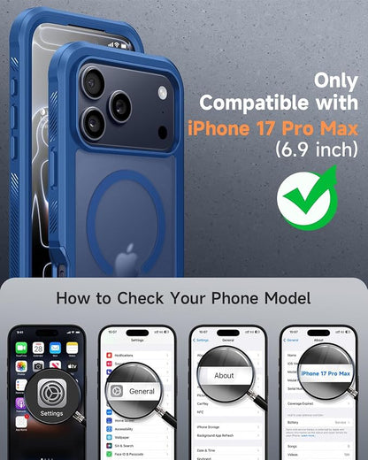 seacosmo for iPhone 17 Pro Max Case, Full Body Bumper with Built-in Tempered Glass Screen and Camera Lens Protector, Compatible with MagSafe, Shockproof 17 Pro Max Phone Case, 6.9", Blue Matte
