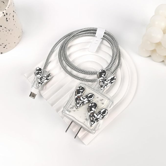 Lovmooful Compatible for iPhone 18W/20W USB-C Charger Cover Clear Lovely 3D Love Heart Waves Design Soft Charger Protector Cute Cable Case Saver Protector for Girls Women-Silver Heart