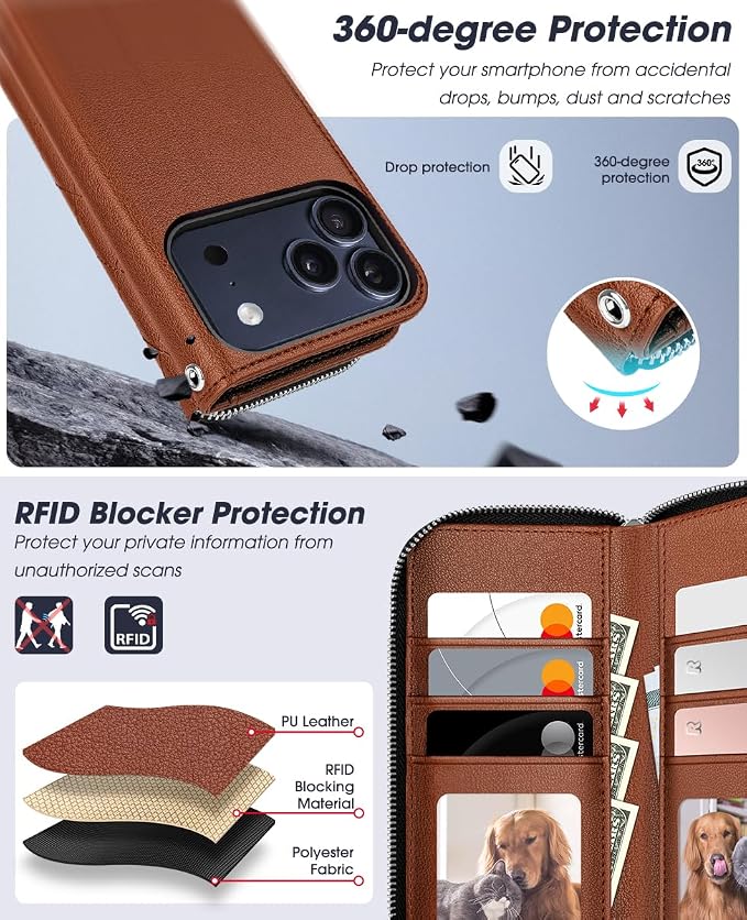OCASE for iPhone 17 Pro Crossbody Detachable Wallet Case, PU Leather Handbag Phone Purse with Zipper Closure, Card Slots & RFID Blocking, Wrist Strap, Lanyard, Kickstand, Diamond Check Brown