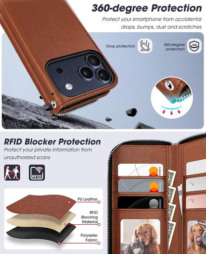 OCASE for iPhone 17 Pro Crossbody Detachable Wallet Case, PU Leather Handbag Phone Purse with Zipper Closure, Card Slots & RFID Blocking, Wrist Strap, Lanyard, Kickstand, Diamond Check Brown