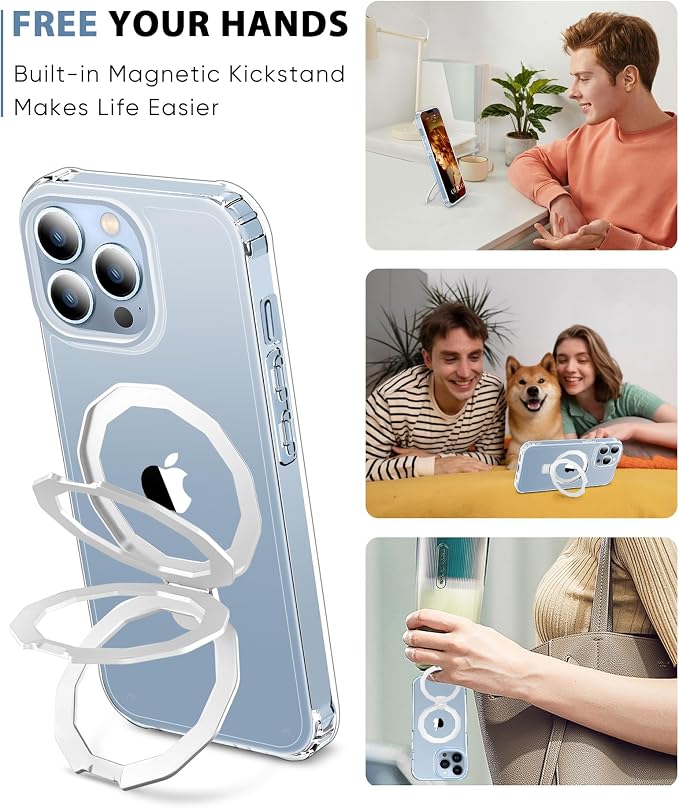 for iPhone 13 Pro Max Case, with Screen Protector + Camera Lens Protector, Built-in Seamless Stand, [Compatible with MagSafe] Protective Shockproof Phone Case, Cover iPhone 13 ProMax - Clear