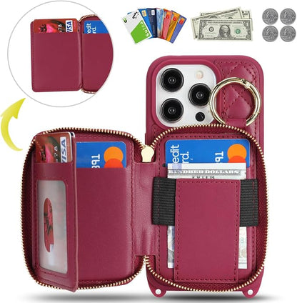 Crossbody Wallet Case for iPhone 14 Pro, PU Leather Zipper Handbag Purse Flip Cover, Kickstand Folio Case with Card Slots Holder Wrist Strap Lanyard 5G 6.1 Inch-Dark red