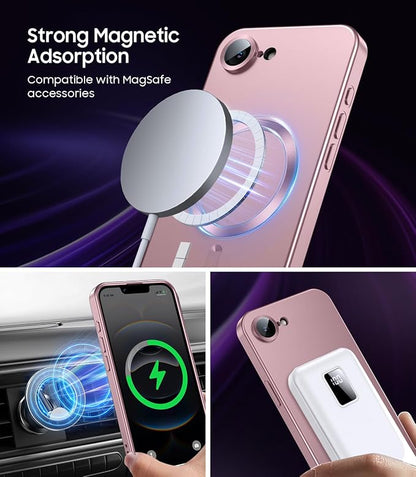 Magnetic for iPhone 17e Case/iPhone 16e Case [Compatible with MagSafe][Built-in Camera Lens Protector] Slim Soft Silicone Bumper Shockproof Metallic Luster 17e Phone Case (Rose Gold)