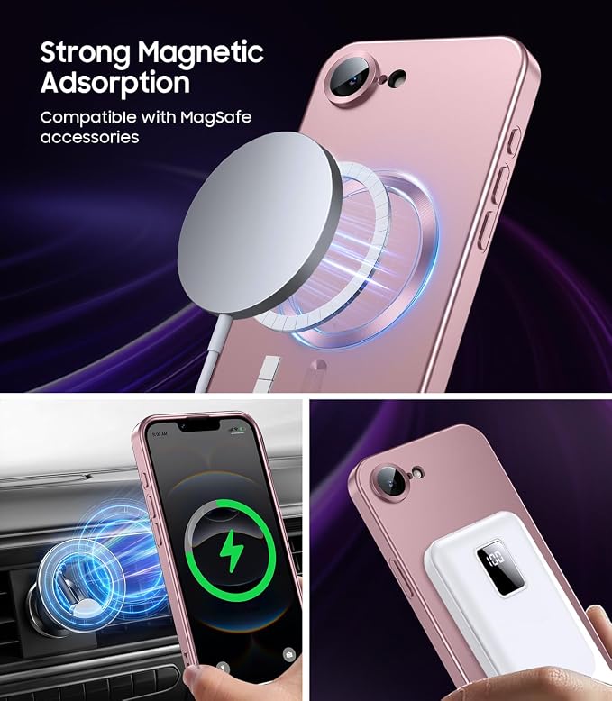Magnetic for iPhone 16e / 17e Case [Compatible with MagSafe][Built-in Camera Lens Protector] Slim Soft Silicone Bumper Shockproof Metallic Luster 17e Phone Case (Rose Gold)