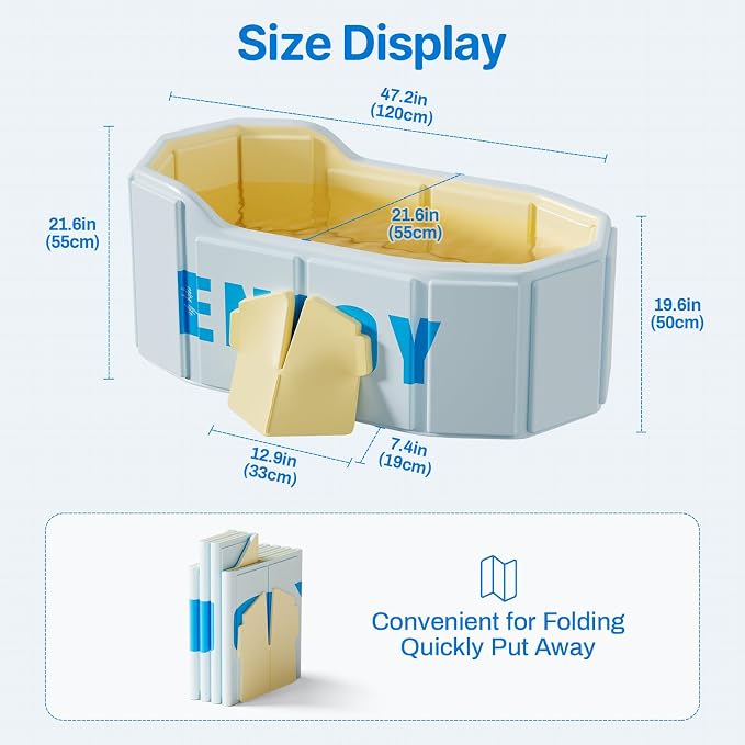 Portable Foldable Bathtub, Freestanding Bathtub No Installation, Bathroom SPA Soaking Bath Tub, Shower Stall Collapsible Hot & Ice Bath Tub (Light Blue, 47.2"L x 21.6"W x 19.6"H)
