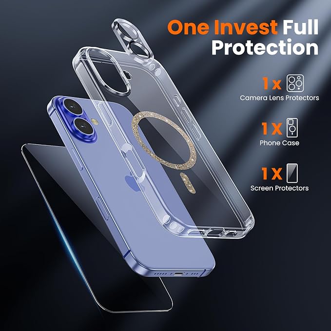 3 in 1 for iPhone 16 Plus Case Clear Colored Mag-Ring | with MagSafe,Screen Protector *1 & Camera Lens Protector*1, Military-Grade Protection