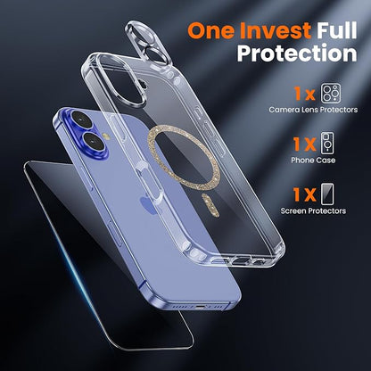 3 in 1 for iPhone 16 Plus Case Clear Colored Mag-Ring | with MagSafe,Screen Protector *1 & Camera Lens Protector*1, Military-Grade Protection