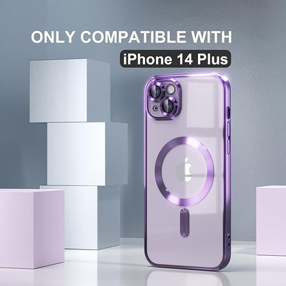 Misea Magnetic for iPhone 14 Plus Case Compatible with MagSafe [Never Yellowing] [Military Grade Drop Protection] Full Camera Lens Protector Plating Soft Clear Phone Case for Women Girls, Purple