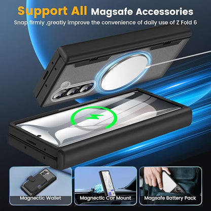 Caka Magnetic for Samsung Galaxy Z Fold 6 Case with Hinge Protection Black | Compatible with MagSafe, Built-in Outer Screen Protector, Hinge Guard, Translucent Matte Back, 360° Hybrid Drop Defense