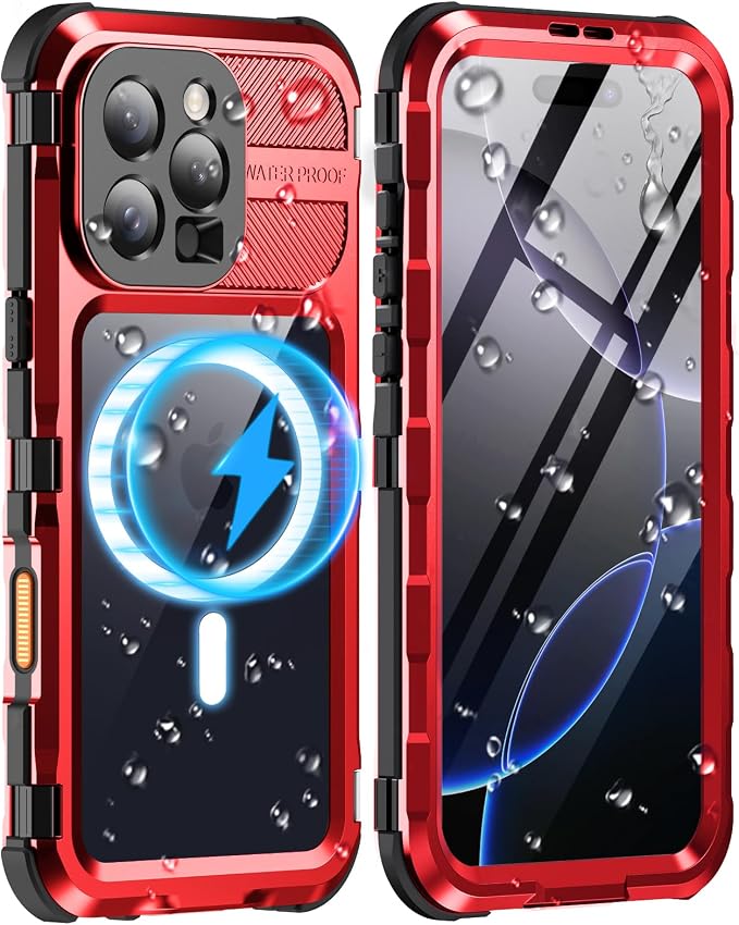 WIFORT for iPhone 16 Pro Waterproof Case - Metal Heavy Duty [Built-in Screen Protector] [14FT Military Shockproof] [Fit for MagSafe], IP68 Full Body Rugged Water Proof Magnetic Cover, 6.3" Red