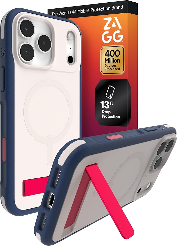 ZAGG Sedona Snap Case with Kickstand for iPhone 17 Pro Max - Red Light & Blue, Drop Protection (13ft/4m), Multi-Layer Protection, with Camera Button, MagSafe Phone Case with Impact-Absorbing Bumpers