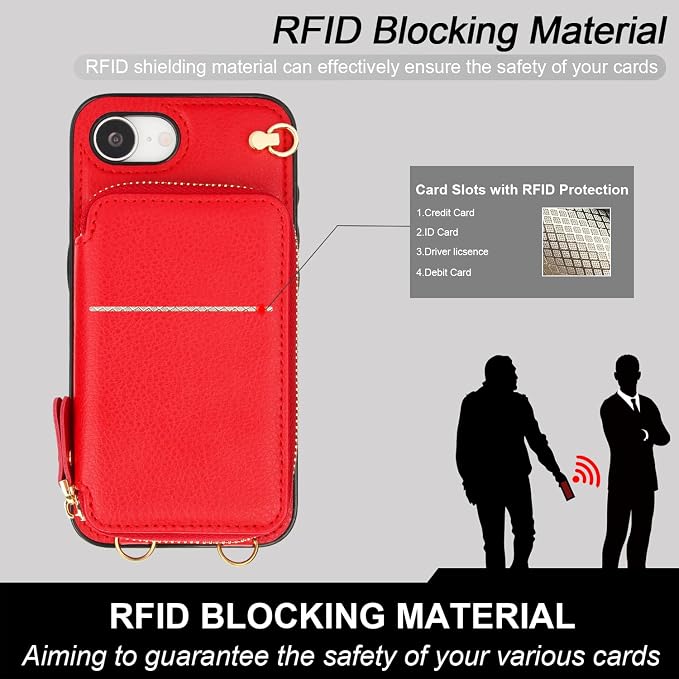 Bocasal Crossbody Wallet Case for iPhone 17e/16e, RFID Blocking Leather Purse Case with Card Holder, Protective Handbag Flip Cover with Zipper Wrist Strap Lanyard for Women 5G 6.1 Inch (Red)