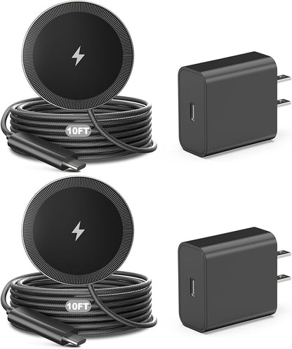 10FT Magnetic Wireless Charger Charging Pad - 15W Qi Fast Phone Charger Puck for Apple iPhone 17 16 15 14 13 12 Series & AirPods 4 3 2 Pro, Phone Charging Pad with Plug for Desk & Travel, 2Pack Black