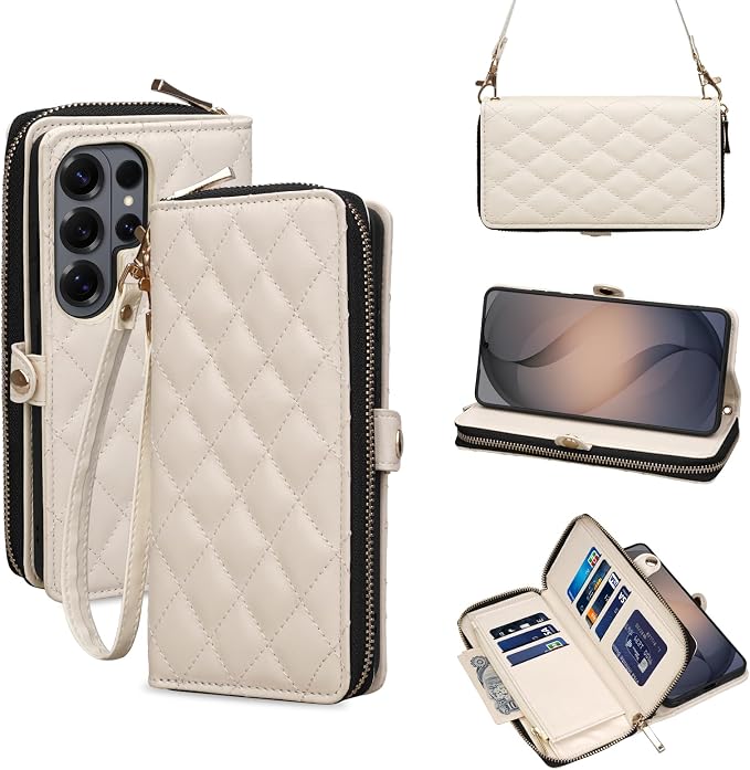 Rssviss Crossbody Case for Samsung Galaxy S26 Ultra Case Wallet, RFID Blocking Leather with Card Holder Kickstand, Handbag Zipper Flip Cover with Wrist Strap for S26 Ultra 6.9" Men Women, White