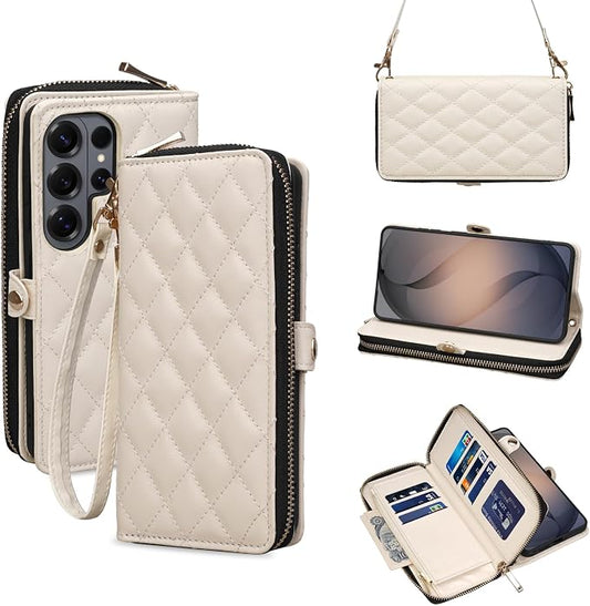 Rssviss Crossbody Case for Samsung Galaxy S26 Ultra Case Wallet, RFID Blocking Leather with Card Holder Kickstand, Handbag Zipper Flip Cover with Wrist Strap for S26 Ultra 6.9" Men Women, White