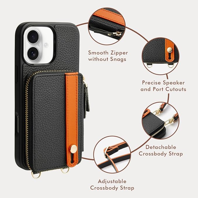 LAMEEKU Compatible with iPhone 16 Wallet Case with Card Holder, Zipper Leather Crossbody Case with Phone Grip Holder Stand Wrist Strap for Women 6.1 inch Black