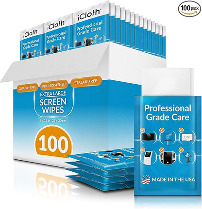 iCloth XL Screen Cleaning Wipes, Lint-Free and Streak-Free, Fast-Drying, Removes Dust, Fingerprints, and Smudges (100 XL Wipes)