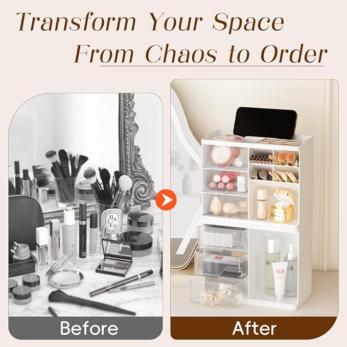 Small Makeup Organizer with Drawers, Stackable Bathroom Couneter Organizer with Phone Holder, Versatile Vanity Organizer Countertop, Cosmetic Organizer for Makeup Brush, Skin Care, Lotion -White,2Pack