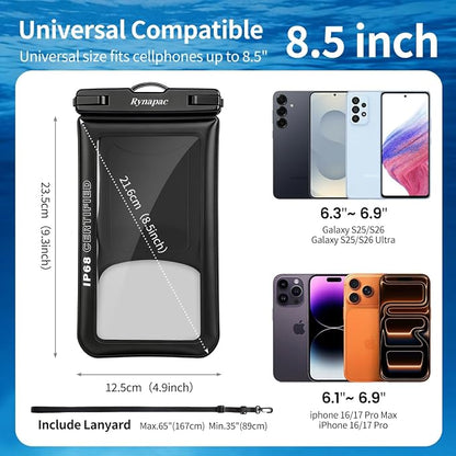 Waterproof Phone Pouch Floating 2 Pack, IP68 Waterproof Phone Case with Lanyard for iPhone 17 16 15 Pro Max, Galaxy S26 Ultra, Touch Screen, Cell Phone Dry Bag for Beach Cruise Essentials, Up to 8.5"
