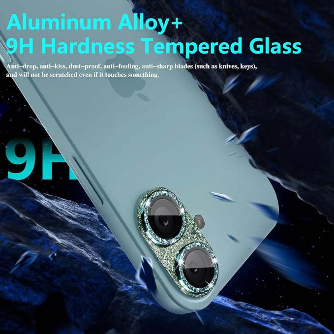 Camera Lens Protector for iPhone 16/iPhone 16 Plus, Bling Glitter Camera Cover with 9H Tempered Glass Metal Ring, Anti-Scratch Camera Protector for iPhone 16/iPhone 16 Plus (Glitter - Green)
