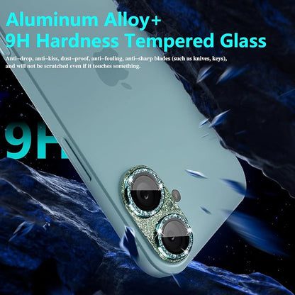 Camera Lens Protector for iPhone 16/iPhone 16 Plus, Bling Glitter Camera Cover with 9H Tempered Glass Metal Ring, Anti-Scratch Camera Protector for iPhone 16/iPhone 16 Plus (Glitter - Green)