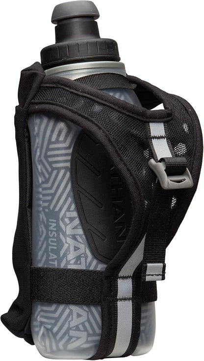 Nathan SpeedDraw 2 Insulated Handheld Running Water Bottle Flask – Double-Wall Insulation, Ergonomic Grip, Blast Valve Cap, Phone & Key Storage Pockets, Reflective Design - 12oz Insulated - Black