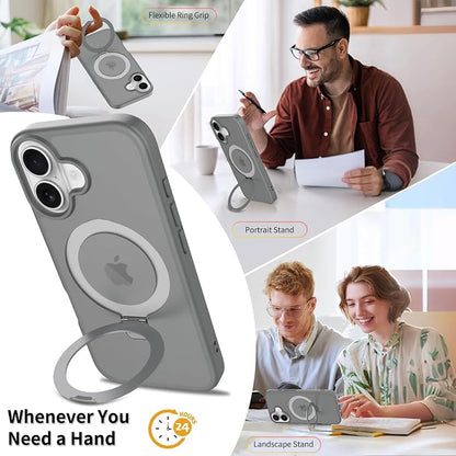 Ultra-Magnetic Stand for iPhone 17 Case [Military Drop Protection] [Compatible with MagSafe] Shockproof Translucent Matte Slim Ring Holder Case for iPhone 17 (Gray)