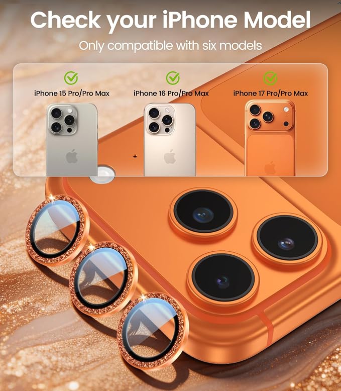 PandaShield 2-Pack Anti-Reflection Camera Lens Protector for iPhone 17/16/15 Pro & Pro Max, Easy Installation,9H Hardness,98% Ultra Clarity,Maintains Original Lens Design–Glitter Orange