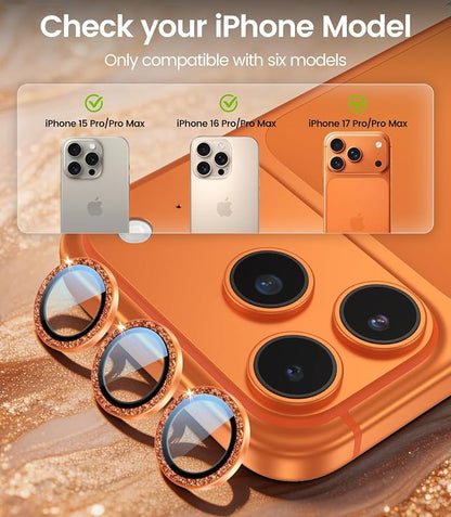 PandaShield 2-Pack Anti-Reflection Camera Lens Protector for iPhone 17/16/15 Pro & Pro Max, Easy Installation,9H Hardness,98% Ultra Clarity,Maintains Original Lens Design–Glitter Orange