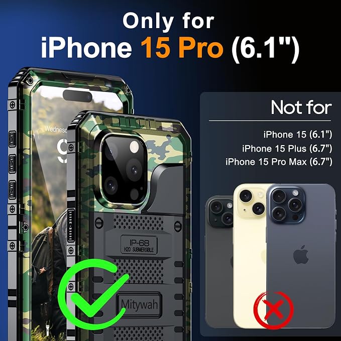Mitywah Waterproof Case for iPhone 15 Pro, Heavy Duty Shockproof Case with Built-in Screen Protector, Full Body Underwater Protective Metal Case 6.1 inch, Camouflage