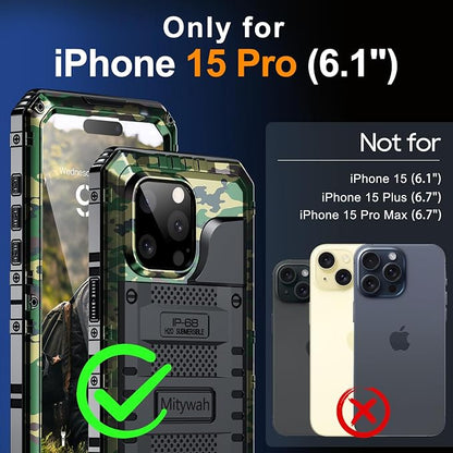 Mitywah Waterproof Case for iPhone 15 Pro, Heavy Duty Shockproof Case with Built-in Screen Protector, Full Body Underwater Protective Metal Case 6.1 inch, Camouflage