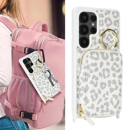 Crossbody Wallet Case for Galaxy S25 Ultra, PU Leather Zipper Handbag Purse Flip Cover, Kickstand Folio Case with Card Slots Holder Wrist Strap Lanyard -White Leopard
