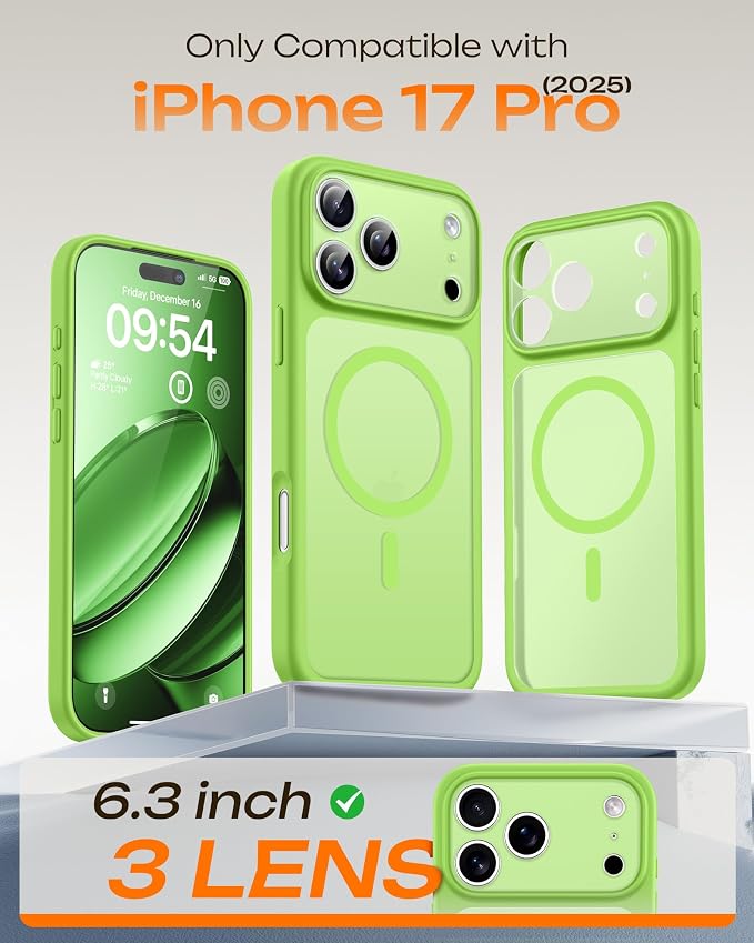 TOCOL for 17Pro Case, Full Camera Protection, Built-in Magnetic Ring, Compatible with Magsafe Charger, Drop Protection, Translucent Matte Phone Case for 17 Pro 6.3 inch (Light Green)