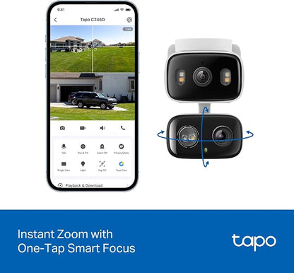 Tapo 2K Indoor/Outdoor Dual Lens Pan/Tilt Wired Security Camera - 125° Wide-Angle View + 6mm Zoom, Motion Track, Person/Vehicle Detection, Subscription-Free Local Storage or Optional Cloud, C246D