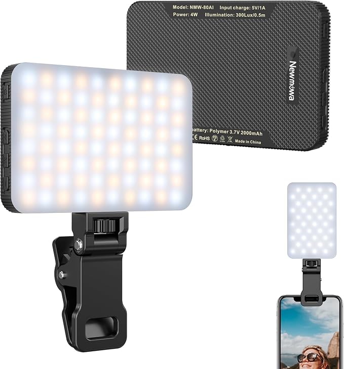 Newmowa Black Rechargeable Selfie Light - Portable Clip Video for Phone/Laptop/Camera With Smart Sensor, 3 Modes, 2000mAh Battery for Selfie/Makeup/Video Conference/TikTok